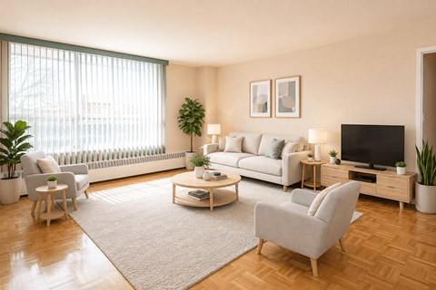 A living room with a grey sofa, a white coffee table, and a grey armchair.