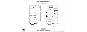 A floor plan for a property at 10 Baldwin Street in Dundas, Ontario, showing the layout of the basement and first floor.