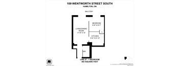 A black and white image of a floor plan for a one bedroom apartment.