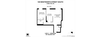 A black and white image of a floor plan for a 601 square foot apartment.