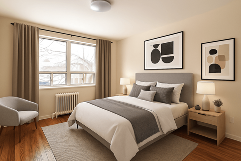A bedroom with a large bed, a chair, and two framed pictures on the wall.