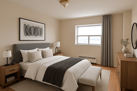 A bedroom with a large bed and a painting on the wall.