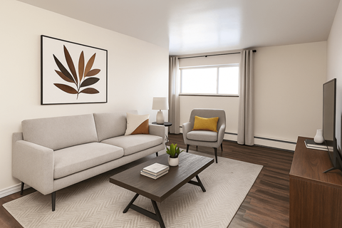 A living room with a grey couch, a yellow pillow, a coffee table, a lamp, a plant, and a television.