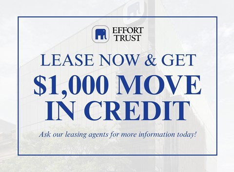 A blue and white advertisement for Effort Trust offering a $1,000 move-in credit for leasing.