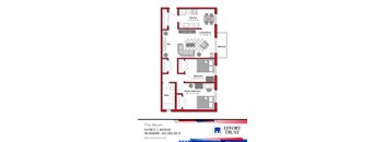 A floor plan of a two bedroom apartment with a living room, kitchen, balcony, and bathroom.