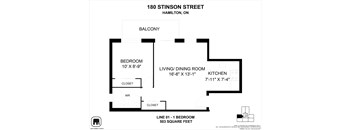 A black and white floor plan for a 503 square foot apartment at 180 Stinson Street, Hamilton, ON.