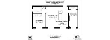 A floor plan for a unit at 180 Stinson Street, Hamilton, ON, showing a living room, two bedrooms, a kitchen/dining room, and a closet.