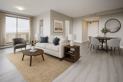A living room with a white couch, a coffee table, and a large window with a view of the ocean.