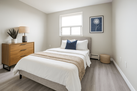 A bedroom with a bed, nightstand, and window.