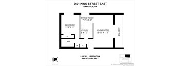 A floor plan for a property at 2601 King Street East in Hamilton, Ontario.