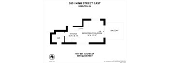 A black and white floor plan for a unit at 2601 King Street East in Hamilton, Ontario.