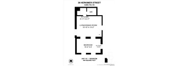 A black and white diagram of a one bedroom apartment.