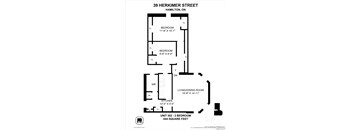 A black and white floor plan for a two bedroom apartment at 39 Herkimer Street, Hamilton, ON.