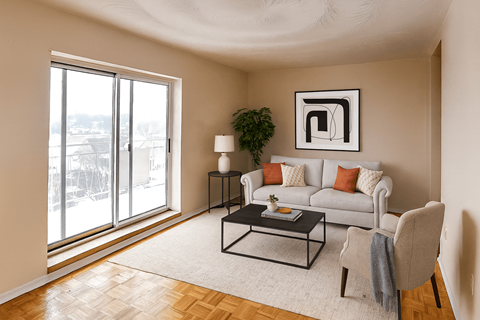 A living room with a white couch, a coffee table, and a large window.
