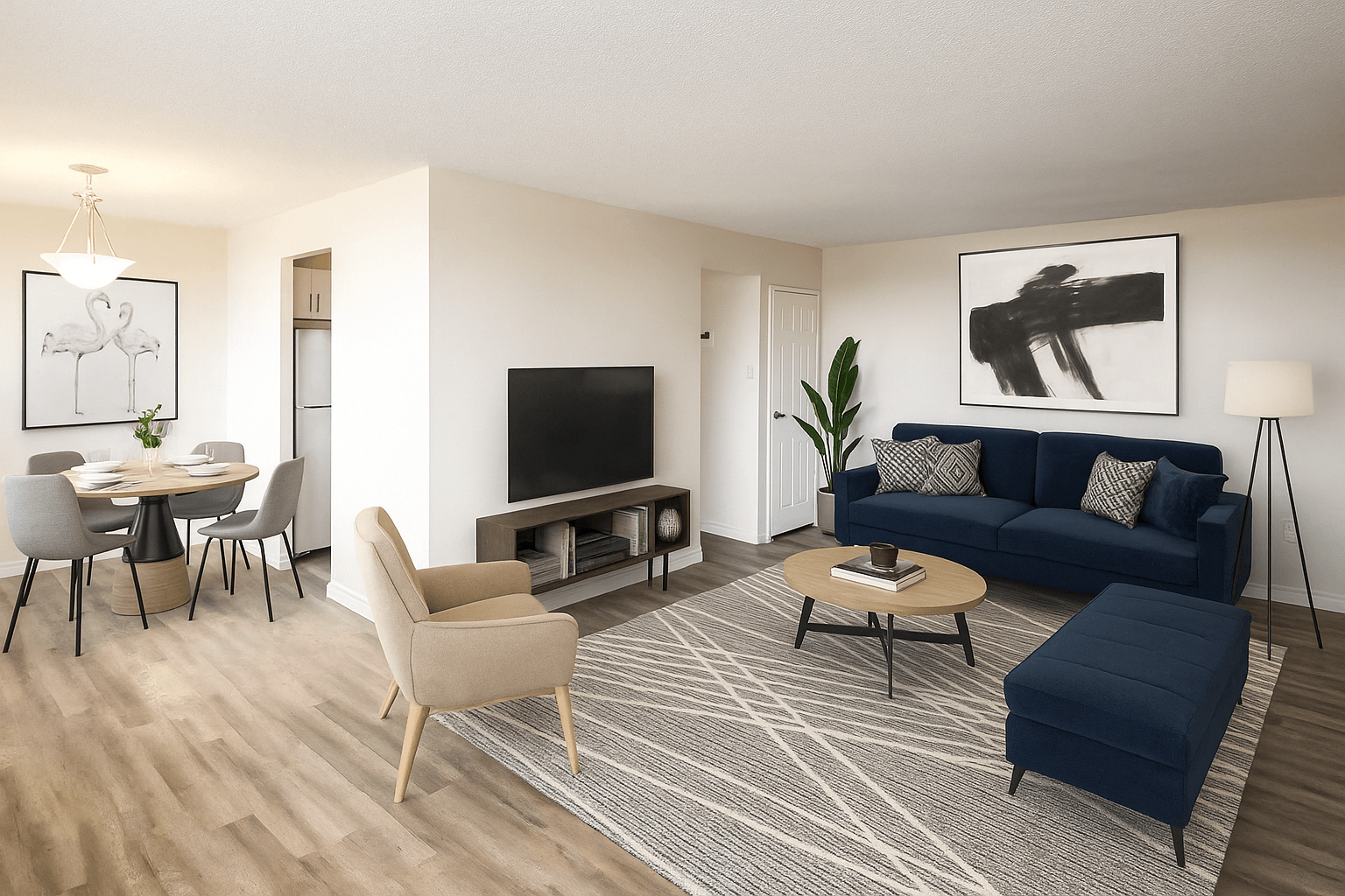 A living room with a blue couch and a television.