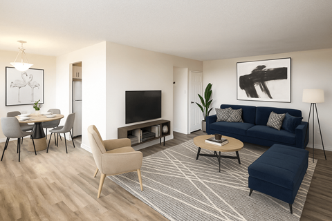 A living room with a blue couch and a television.