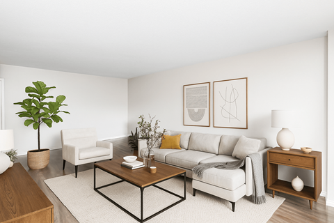 A living room with a white couch, a coffee table, and a plant.