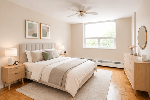 A bedroom with a large bed, a nightstand, and a window.