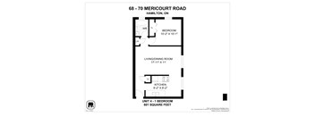 A floor plan for a 1 bedroom apartment at 68-70 Mericourt Road, Hamilton, ON.