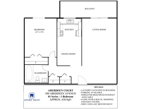 A floor plan for a 1 bedroom apartment at Aberdeen Court.