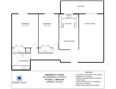A floor plan for a 2 bedroom apartment at Aberdeen Court.