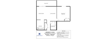 A floor plan for a 1 bedroom apartment in Aberdeen Court.