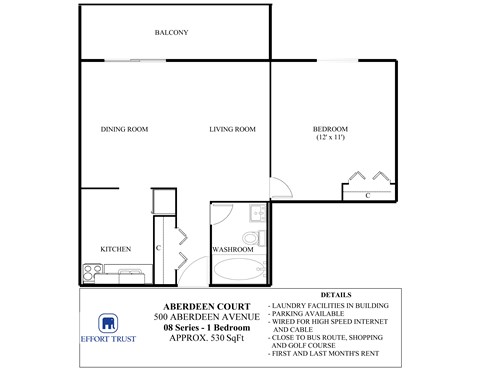 A floor plan for a 1 bedroom apartment in Aberdeen Court.