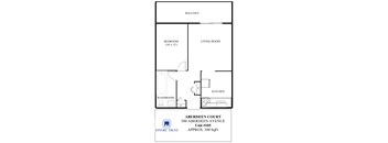 A floor plan of a property with a living room, bedroom, kitchen and washroom.
