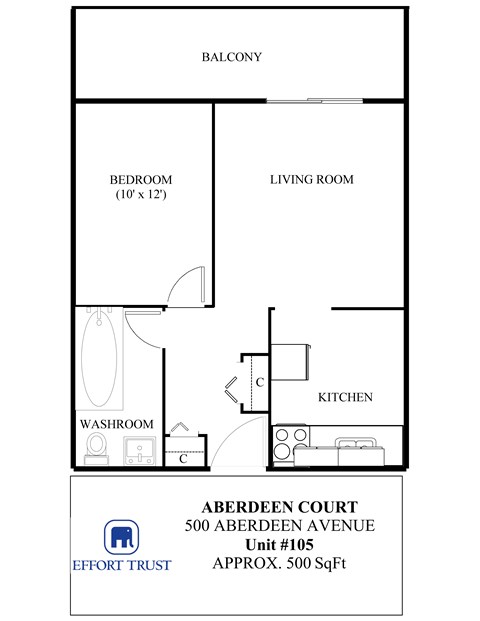 A floor plan of a property with a living room, bedroom, kitchen and washroom.