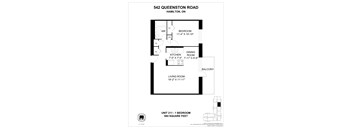 A floor plan for a 1-bedroom apartment at 542 Queenston Road in Hamilton, Ontario.