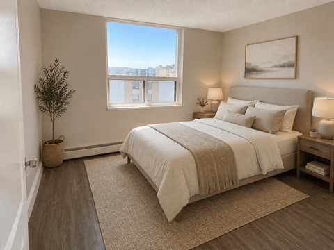 A bedroom with a large bed and a view of the city through the window.