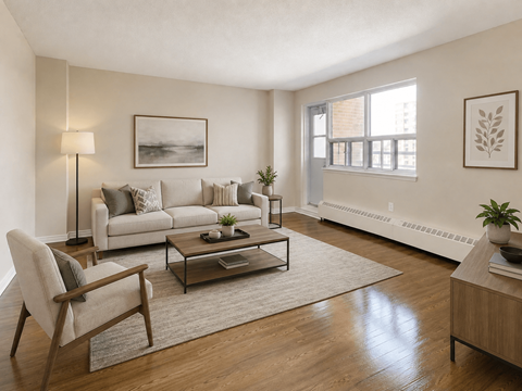 A living room with a grey couch, a chair, a coffee table, and a plant.
