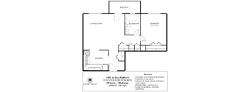 A floor plan of a one bedroom apartment with a living room, kitchen, bathroom and balcony.