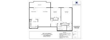 A floor plan of a two bedroom apartment with a balcony and a kitchen.