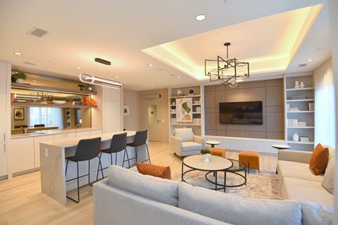 A modern living room with a grey sofa and a bar area.