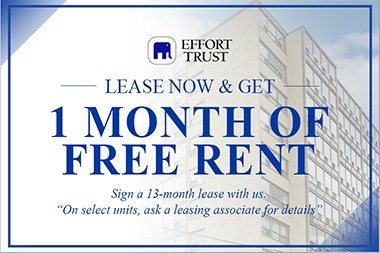 promotional image for Effort Trust offering a free month of rent for signing a 13-month lease.
