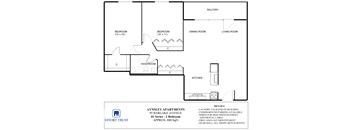 A floor plan for Aynsley Apartments shows a living room, two bedrooms, a dining room, a kitchen, a washroom and a balcony.