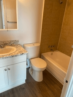 A white toilet sits next to a sink in a bathroom.