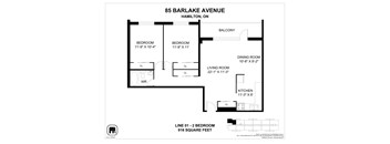A floor plan for a home at 85 Barlake Avenue in Hamilton, ON, showing two bedrooms, a living room, a dining room, a kitchen, and a balcony.