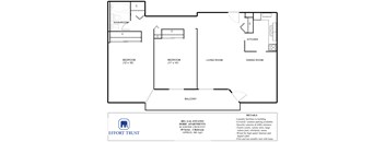 A floor plan of a 90 series apartment at Doric Apartments.