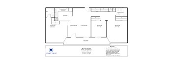 A floor plan of an apartment with a kitchen, dining room, living room and three bedrooms.