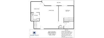 A floor plan for an apartment with a kitchen, living room, dining room, bedroom, and washroom.