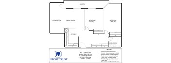 A floor plan of a residence with a living room, dining room, kitchen, two bedrooms, and a balcony.