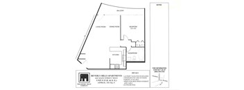 A floor plan of an apartment with a living room, dining room, bedroom, kitchen, and bathroom.