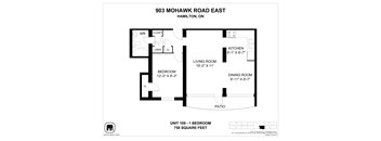 A floor plan for a 1 bedroom apartment at 903 Mohawk Road East, Hamilton, ON.