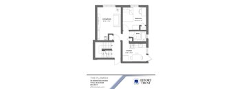 A floor plan of a one bedroom apartment with a living room, bedroom, bathroom and kitchen.