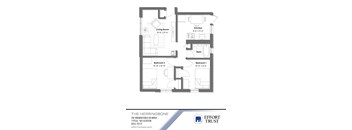 A floor plan of a two bedroom apartment with a living room, kitchen, and bathroom.
