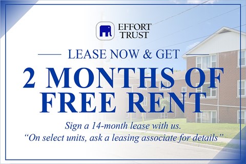 A sign advertising a 2 month free rent offer from Effort Trust.