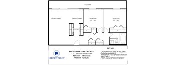 A floor plan for Brockton Apartments shows two bedrooms, a living room, a dining room, a kitchen, and a bathroom.
