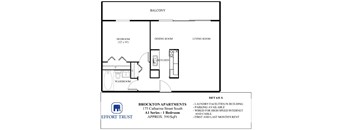 A floor plan for a one bedroom apartment with a laundry facility in the building.